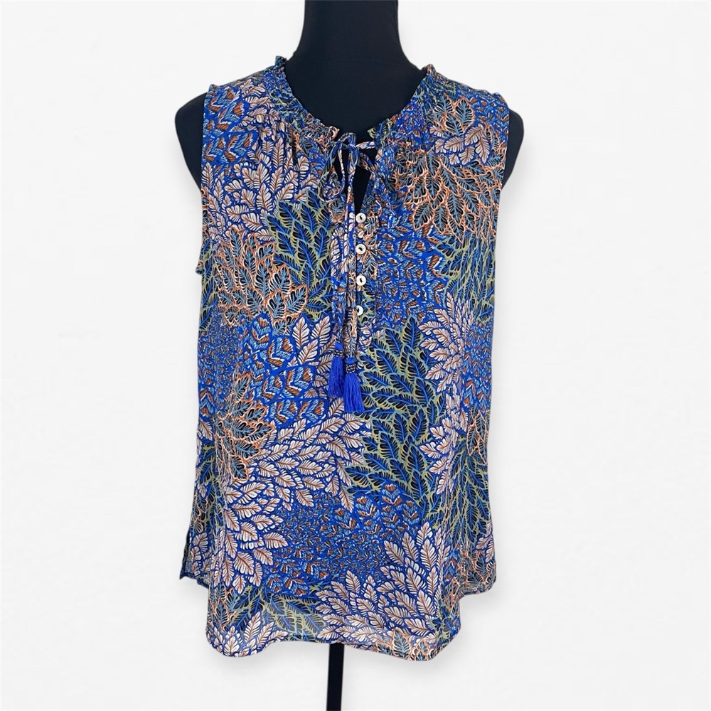 Daniel Rainn Blue and Brown Sleeveless Tie Front Tassle top Blouse M